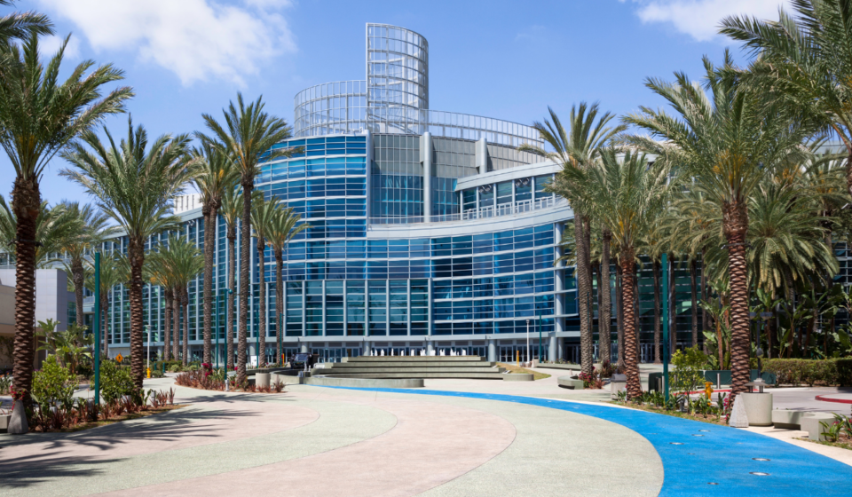 Modern convention center with spacious exhibition halls, designed to support healthy indoor air quality through advanced ventilation and air monitoring systems.