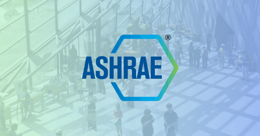 Crowded indoor space with ASHRAE logo, representing efforts toward better indoor air quality.