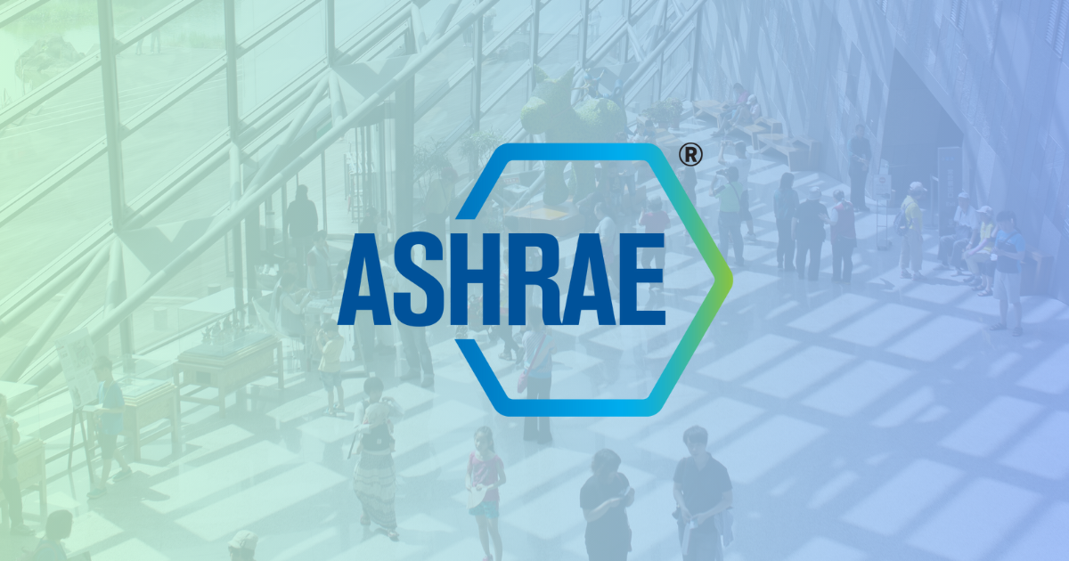 Crowded indoor space with ASHRAE logo, representing efforts toward better indoor air quality.