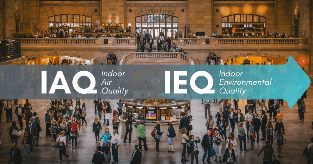 Indoor Environmental Quality concept showing the shift from IAQ to IEQ in a busy indoor building environment