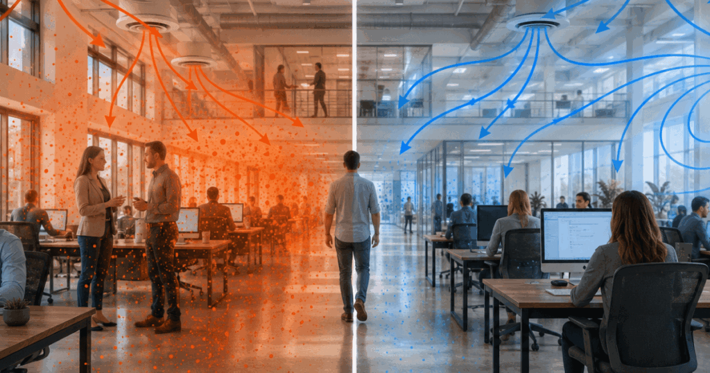 Split comparison image showing passive outside air ventilation on the left versus CASPR active air treatment on the right, illustrating the difference in indoor air quality and pathogen reduction methods.
