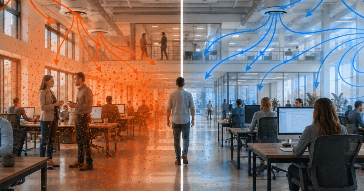 Split comparison image showing passive outside air ventilation on the left versus CASPR active air treatment on the right, illustrating the difference in indoor air quality and pathogen reduction methods.